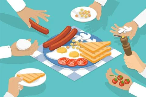 3D Isometric Flat Illustration of Breakfast Plate, People Having a Meal Stock Photos