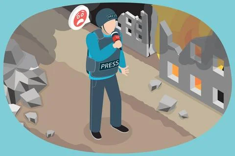 3D Isometric Flat Illustration of Broadcast From War Zone, Military Journa... Stock Photos
