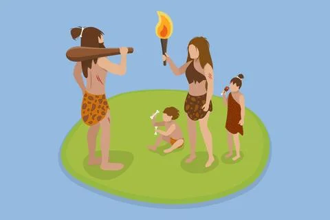 3D Isometric Flat Illustration of Caveman Family, Primitive People in Ston... Stock Photos