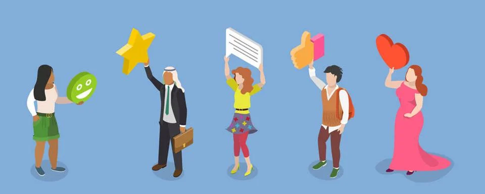 3D Isometric Flat Illustration of Client Feedback, Consumerism, Survey, Ma... Stock Photos