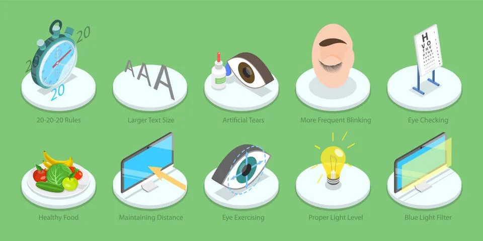 3D Isometric Flat Illustration of Computer Vision Syndrome, Vision Fatigue... Stock Photos