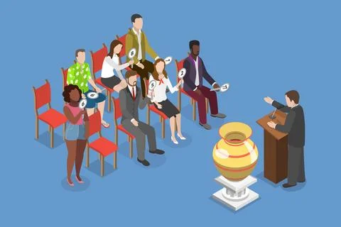 3D Isometric Flat Illustration der Auktion, Kunst öffentlichen Verkäufe Stock Photos