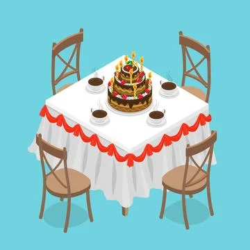 3D Isometric Flat Illustration of Dining Room Table, Cosy Kitchen Interior... Stock Photos