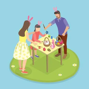 3D Isometric Flat Illustration of Easter Painting Egg, Family Leisure Time... Stock Photos