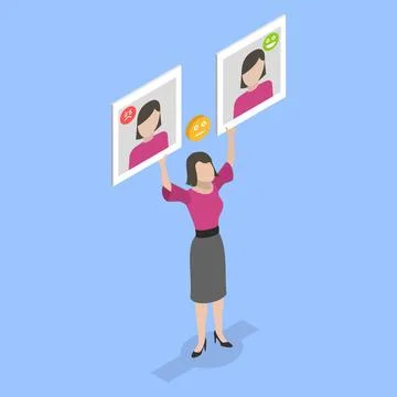 3D Isometric Flat Illustration of Face Emotion Masks, Personality Change D... 写真素材
