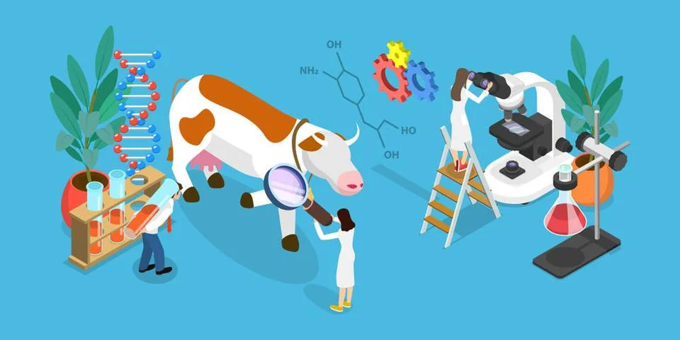 3D Isometric Flat Illustration of Genetically Modified Animals, Gene Techn... Stock Photos