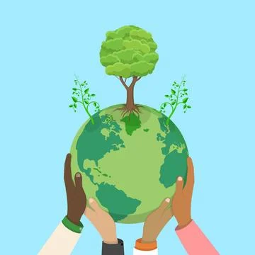 3D Isometric Flat Illustration of Hands Holding Green Earth, Save Our Plan... Stock Photos
