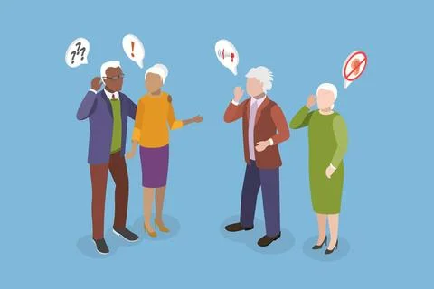 3D Isometric Flat Illustration of Hearing Disease, Senior Characters with ... Stock Photos