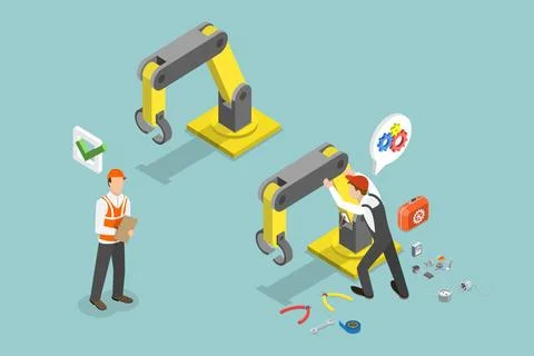 3D Isometric Flat Illustration of Machine Engineer, Fixing an Assembly Lin... Stock Photos