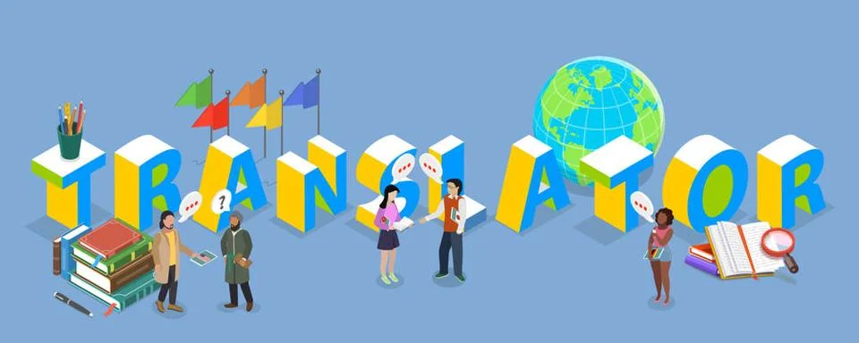 3D Isometric Flat Illustration of Multilanguage Translator Service, Transl... Stock Photos
