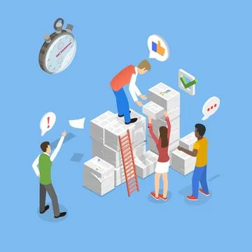 3D Isometric Flat Illustration of Paperwork Organization, Pile of Paper Do... Stock Photos
