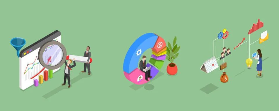 3D Isometric Flat Illustration of Performance Data Visualization , Financi... Foto stock