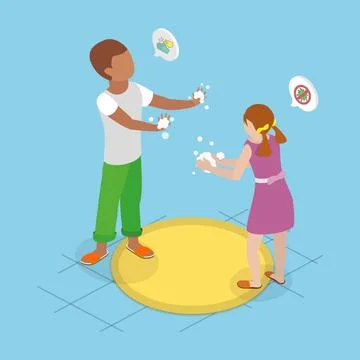 3D Isometric Flat Illustration of Pesonal Hygiene Rules, Kids Clean Hands ... Stock Photos