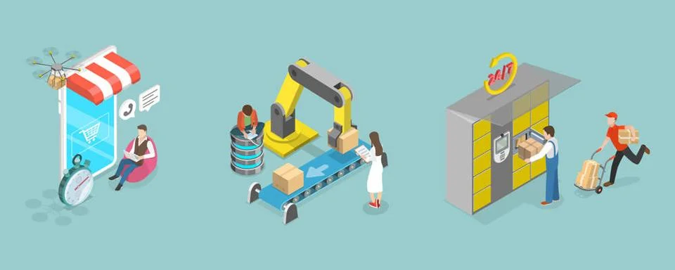 3D Isometric Flat Illustration of Post Delivery Service, Automated Warehou... Stock Photos