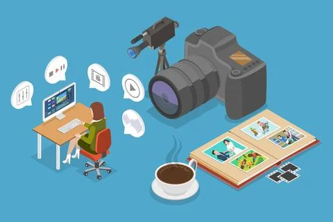 3D Isometric Flat Illustration of Professional Videomaker, Footage Product... Stock Photos