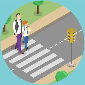 3D Isometric Flat Illustration of School Crosswalk, Pedestrian Safety Rule... Stock Photos