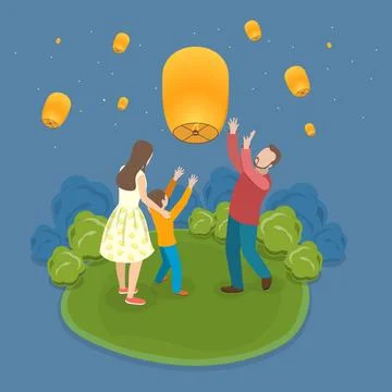 3D Isometric Flat Illustration of Sky Lantern Festival, Asian Holiday Trad... Stock Photos