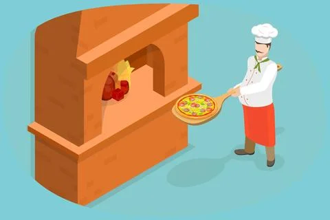 3D Isometric Flat Illustration of Stone Oven Pizza, Professional Bakery Stock Photos