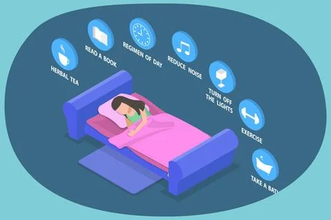 3D Isometric Flat Illustration of Tips For Better Sleep, Healthy Sleeping ... Stock Photos