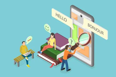 3D Isometric Flat Illustration of Translating App, Multilanguage Translato... Stock Photos