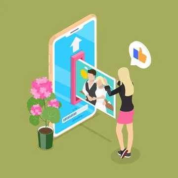 3D Isometric Flat Illustration of Uploading A Photo On A Smartphone., Clou... Foto stock