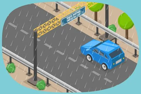 3D Isometric Flat Illustration von schlechtem Wetter Fahrbedingungen, fahr... Stock Photos