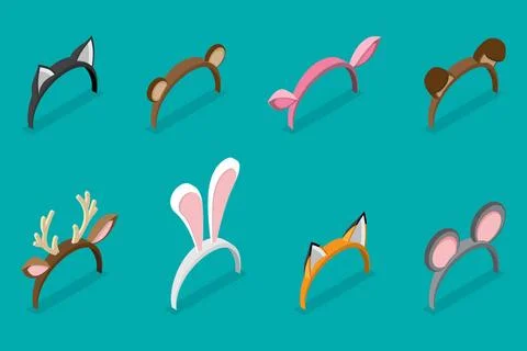 3D Isometric Flat Set of Animals Ears Costumes, Carnival Headbands3D I... Stock Photos