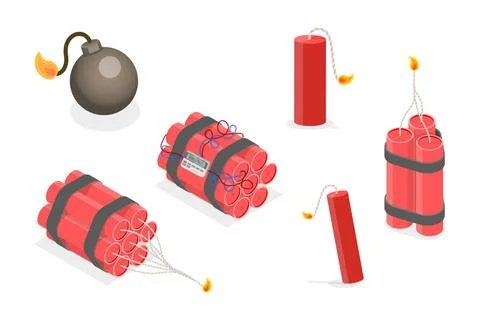 3D Isometric Flat Set of Bombs And Dynamites, Red Stick with Fuse, Detonat... Foto stock