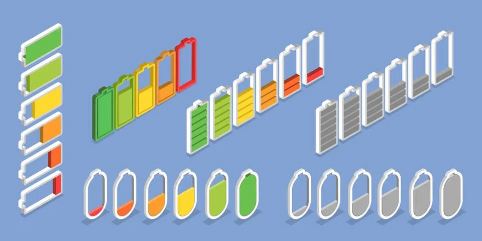 3D Isometric Flat Set of Charging Level Batteries, Charge Indicator3D ... Stock Photos
