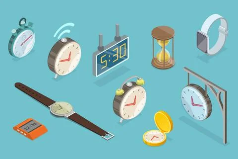 3D Isometric Flat Set of Clocks, Vintage, Classic and Contemporary3D I... Stock Photos