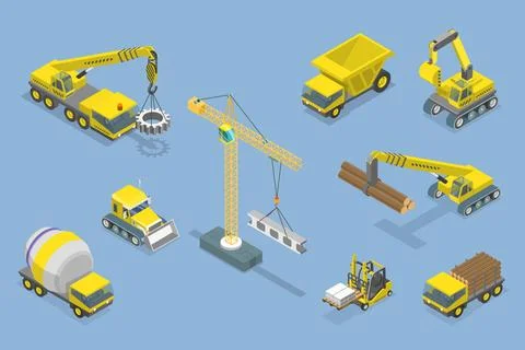3D Isometric Flat Set of Construction Equipment , Spezialmaschinen für die.. 库存照片