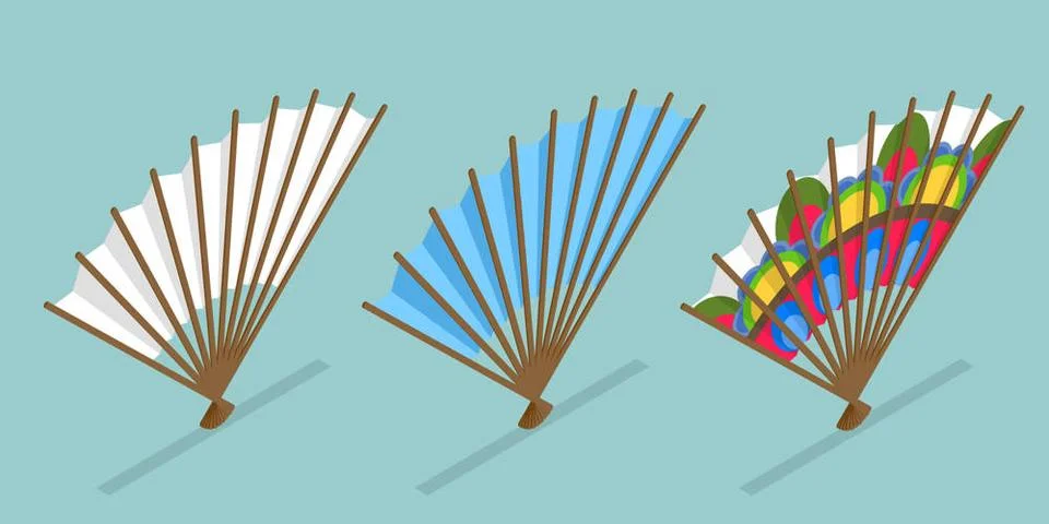 3D Isometric Flat Set of Decorative Fans, Asian Traditional Folding Hand F... Stock Photos