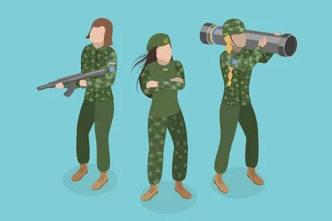 3D Isometric Flat Set der ukrainischen Frau Soldaten, Kampf auf Krieg für .. Stock Photos
