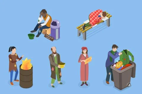 3D Isometric Flat Set of Homeless People, Poverty, Unemployed and Refugees... Stock Photos