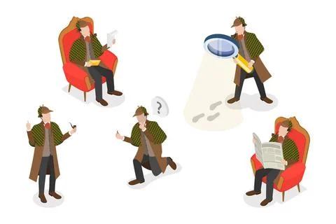 3D Isometric Flat Set of Inspector Holmes Characters, Private Investigator... Stock Photos