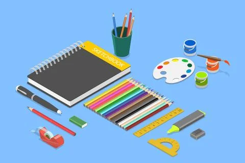3D Isometric Flat Set mit verschiedenen Skizzierwerkzeugen, Kunstzubehör Stock Photos