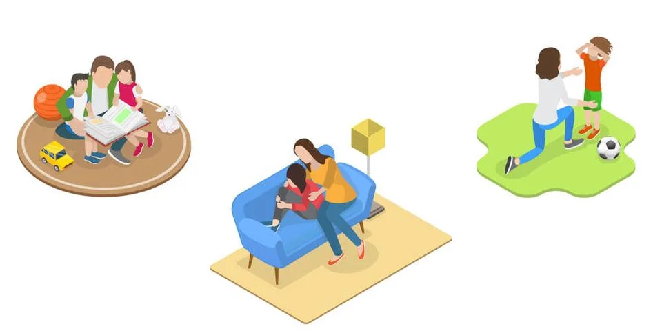 3D Isometric Flat Set of Parent Support Scenes, Happy Loving FamiliesI... Fotos de archivo