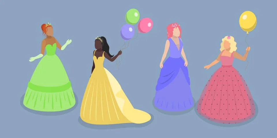 3D Isometric Flat Set of Princess Characters, Beautiful Girlish Dress3... Stock Photos