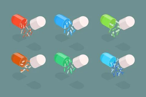 3D Isometric Flat Set of Probiotics Pills, Microbiome Elements in Medical ... Stock Photos
