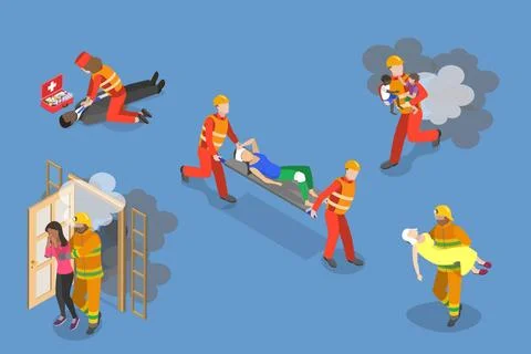 3D Isometric Flat Set of Rescue Services, First Aid Sssistance for Drownin... Stock Photos