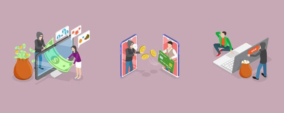 3D Isometric Flat Set of Scam Scenes, Internet Fraud3D Isometric Flat ... Stock Photos