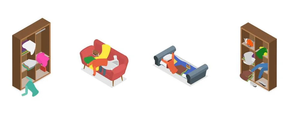 3D Isometric Flat Set of Scattered and Messy Clothes, Chaos, Disorder and ... 写真素材