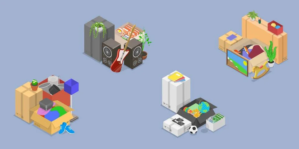 3D Isometric Flat Set of Stuff For Moving, Boxes Packed with Belongings Stock Photos