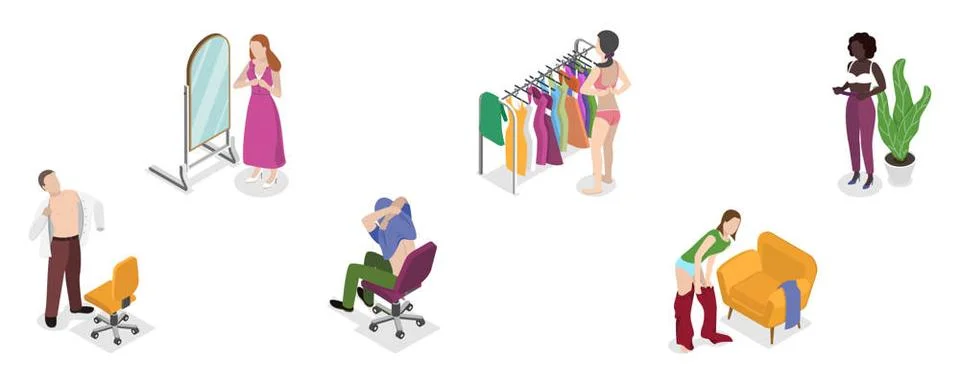 3D Isometric Flat Set of Undressing People, Taking off Clothes3D Isome... 写真素材