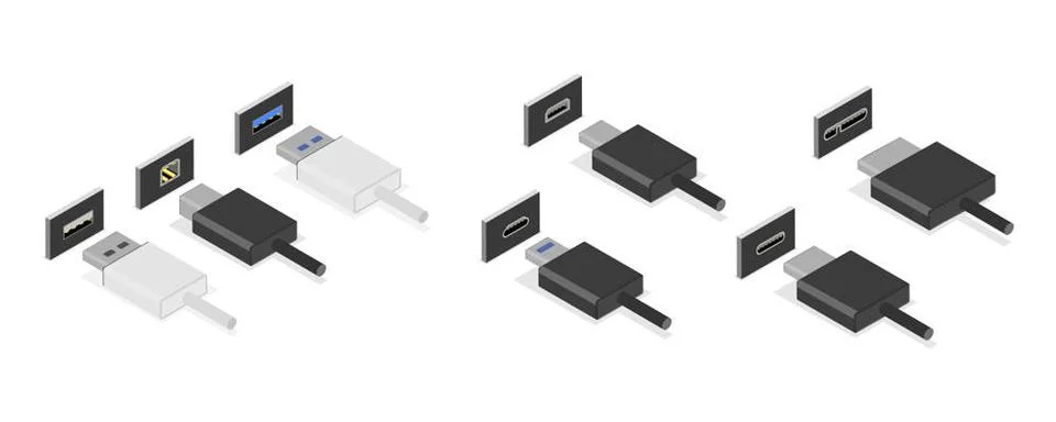 3D Isometric Flat Set of USB Types, Socket Plug in3D Isometric Flat Se... Stock Photos