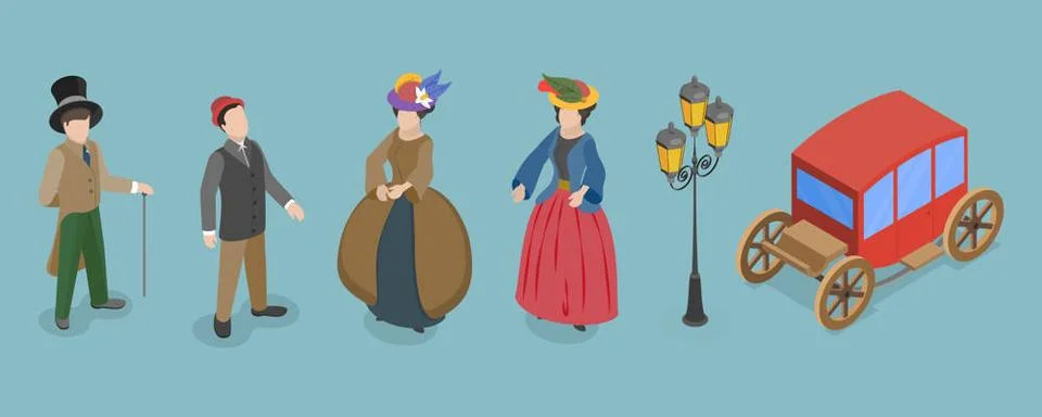3D Isometric Flat Set of Victorian Period Characters and Objects, 19th Cen... Stock Photos