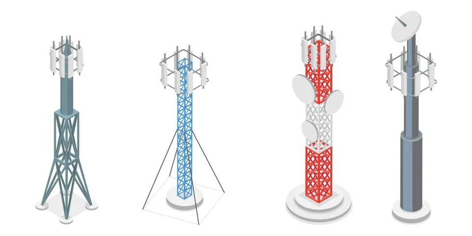 3D Isometric Flat Set von Telecom Türme, Kommunikation Radio Konstruktione.. Foto stock