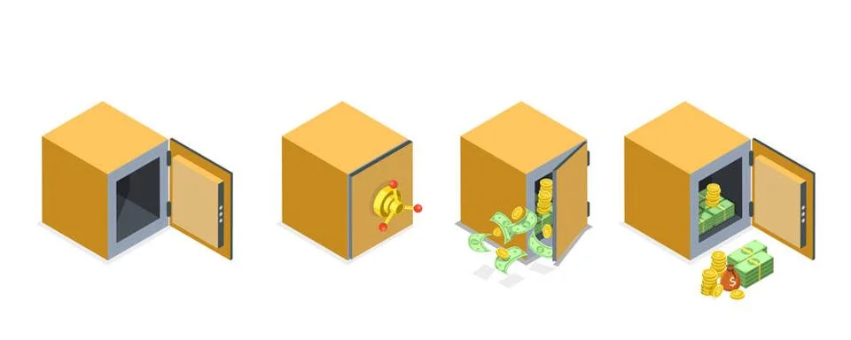3D Isometric Flat Set von Bank Tresoren, Stahl Schließfächer, Deposit-Boxe. Fotos de archivo