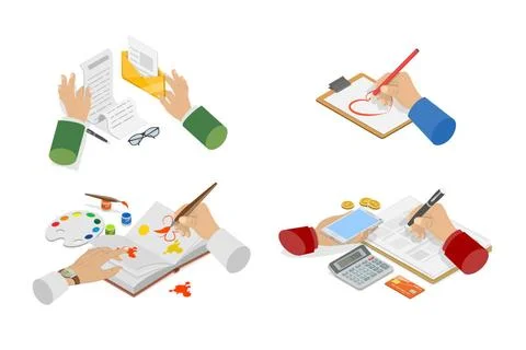 3D Isometric Flat Set von Händen Schreiben etwas in Notizblock und Zeichnu.. Stock Photos