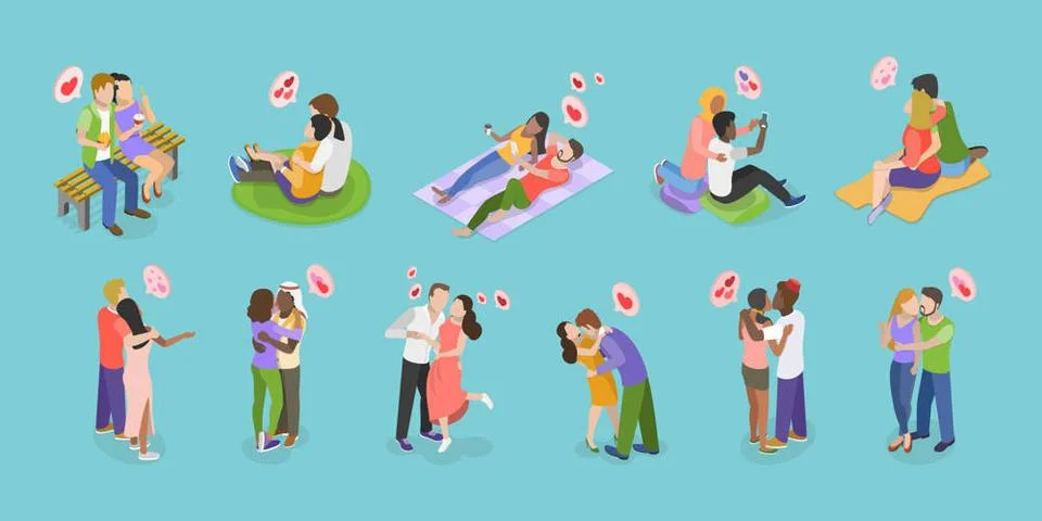 3D Isometric Flat Set von Liebenden Paare, Adorable romantische Szenen... Stock Photos